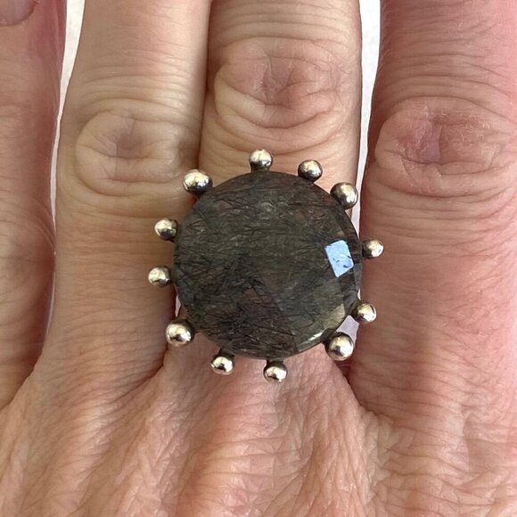 Sterling Silver 925 Large Round Faceted Tourmalated Quartz Cocktail Ring Sz 6.75 - Picture 3 of 16